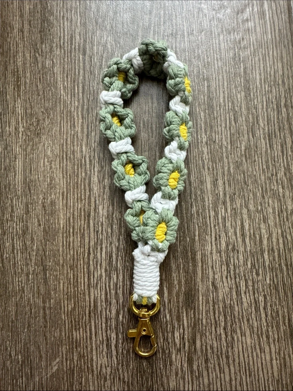 Handmade Green & White Crochet Floral Wristlet with Gold Clip